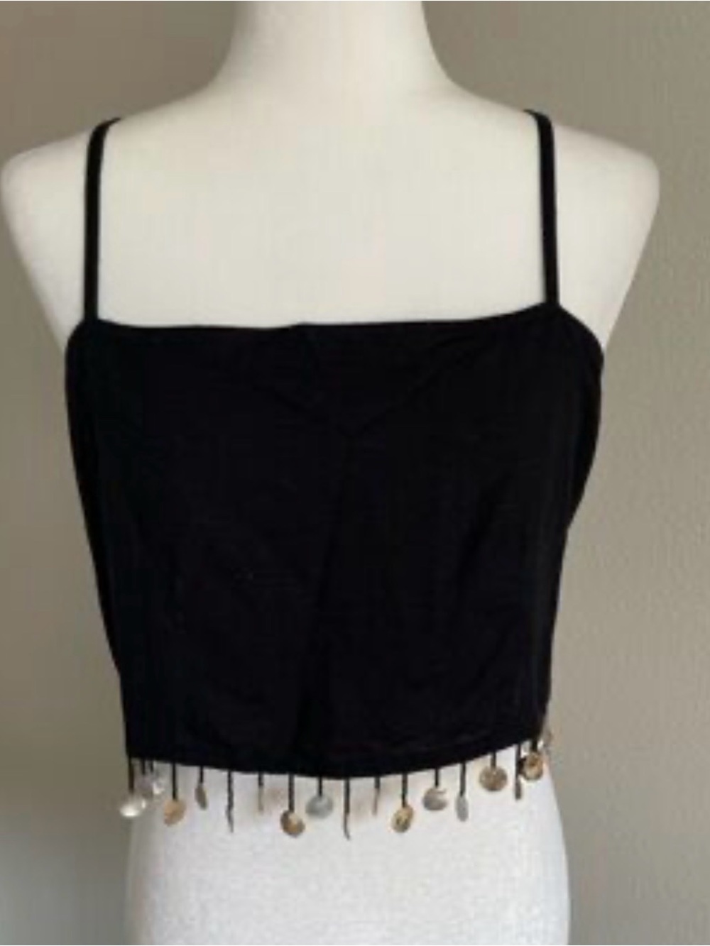 New! Jason Wu Black Spaghetti-Strap Crop Top with Beaded Fringe